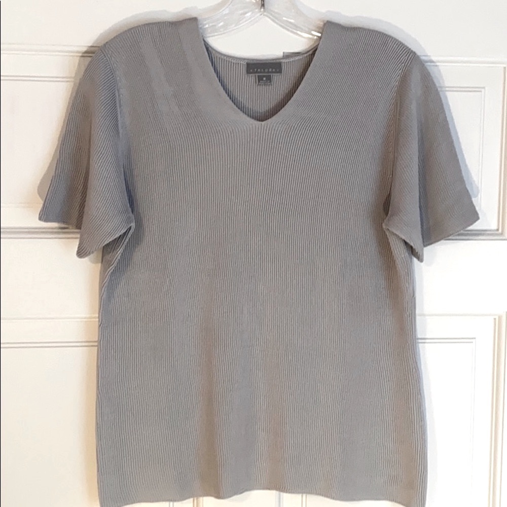 Talora silk v-neck short sleeve sweater - grayish blue color